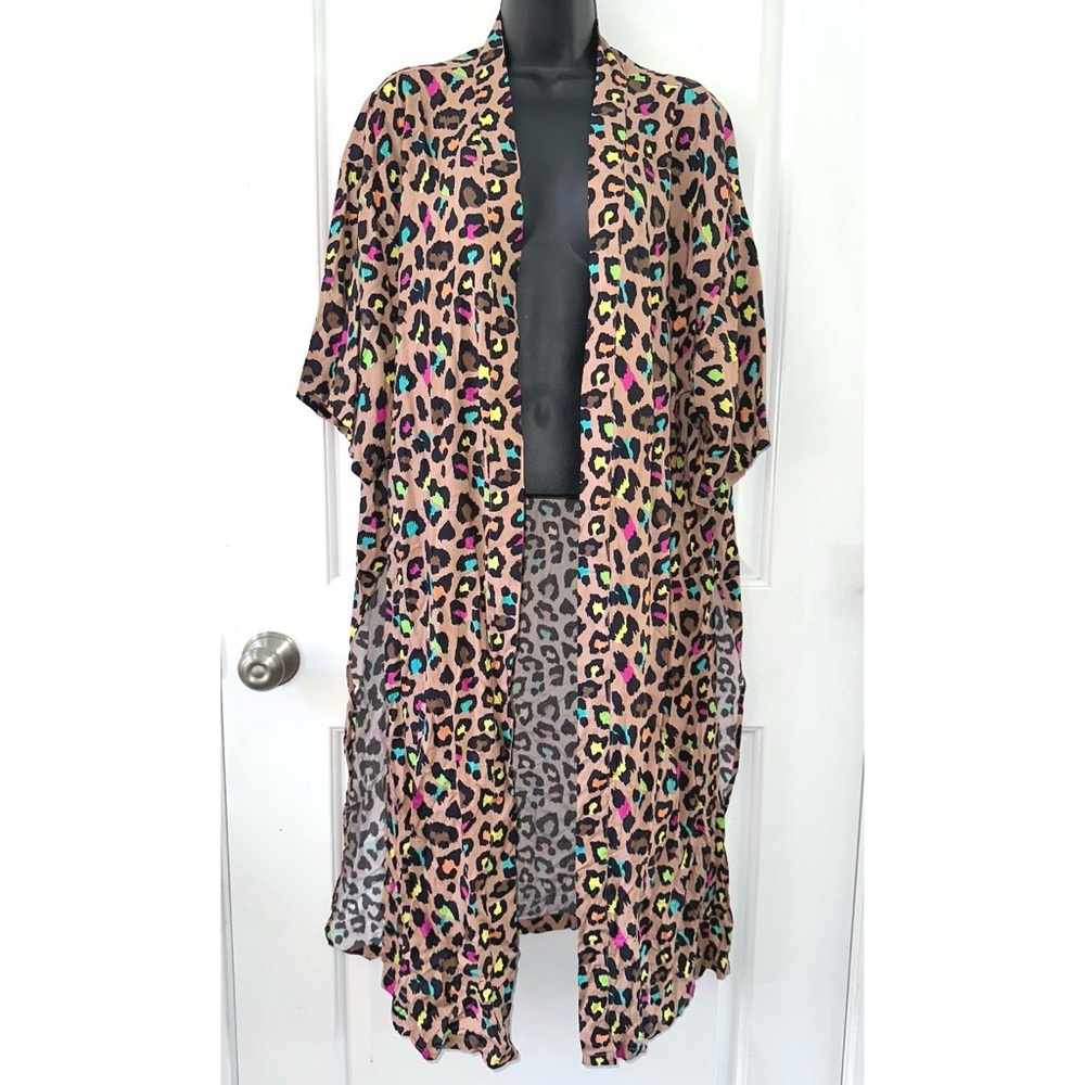 Sunshine Rodeos Long Duster Colorful Animal Print Side Slits 3/4 Sleeve